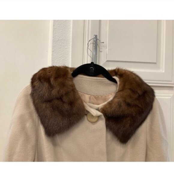 Vintage 100% Cashmere Coat Size Medium Mink Fur Collar MCM 60s 50s 3/4 Sleeves - Picture 5 of 13